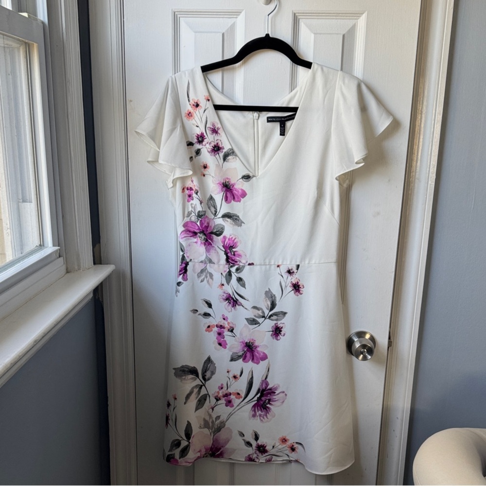 White House Black Market White Dress with Purple Floral Design